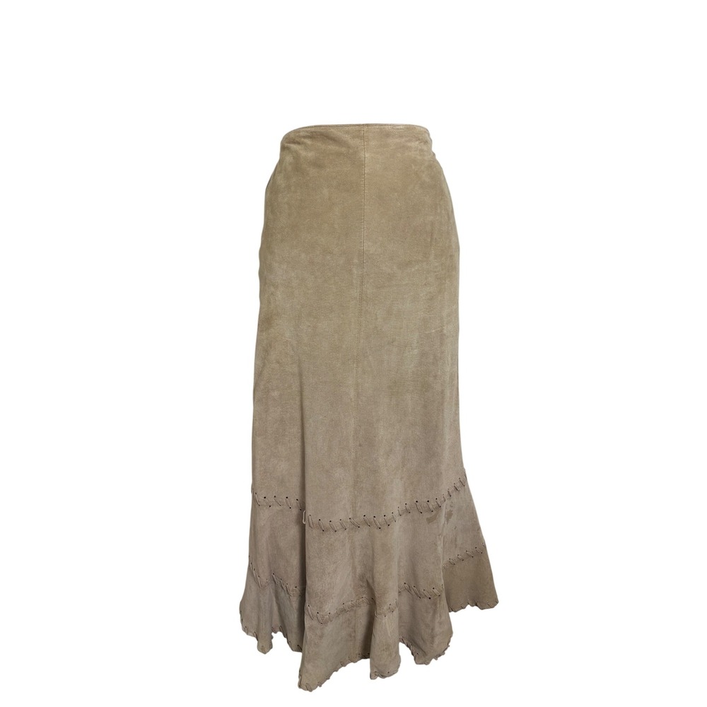 Chicos Maxi Skirt Womens Size 0 Tan Leather Suede Whipstitch Boho Western Fair